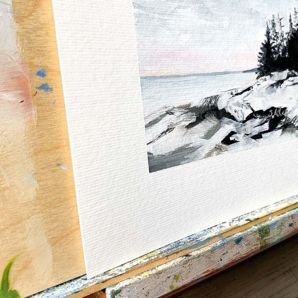 8x8 Maine Original Oil Painting Acadia Winter Snow Coastal New England Signed - Picture 3 of 7